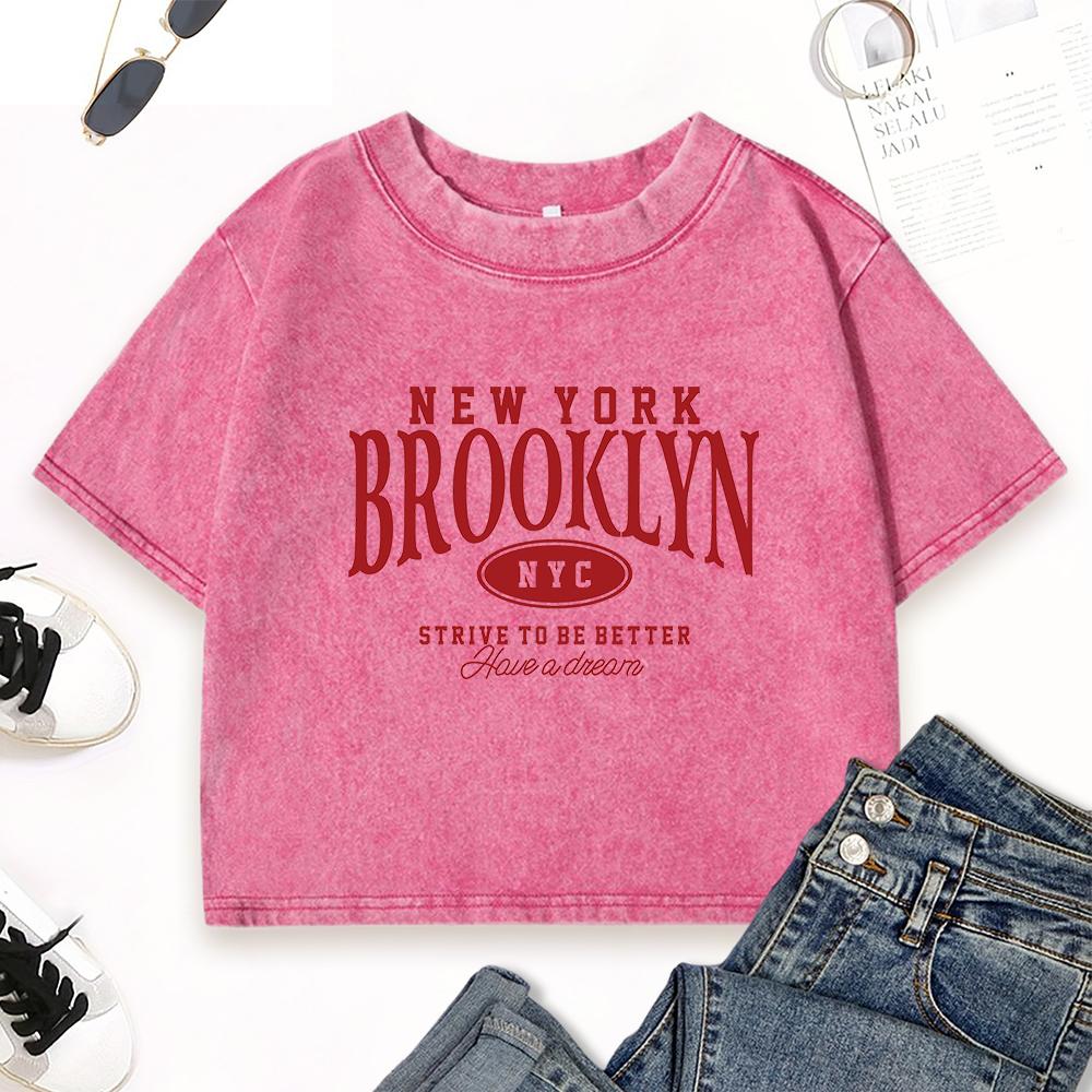 New York Brooklyn Art Letterprinting Women Washed T Shirt Summer Y2K T-Shirts Crewneck Short Sleeve Street Cotton Tops