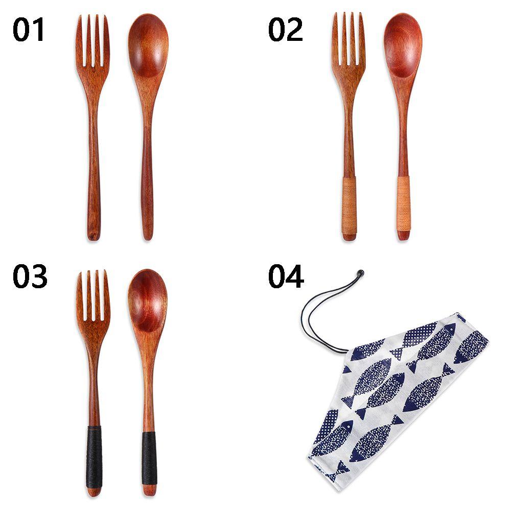 Kitchen Handmade Cloth Bag Portable Spoon Fork Wooden Natural Cutlery Set Tea Scoops