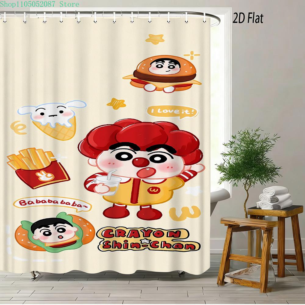 Crayon Shin-Chan All Characters Big Group Photo Scene 2D Print Waterproof Shower Curtain, Vibrant Blue Sky With Full Cast Bathro