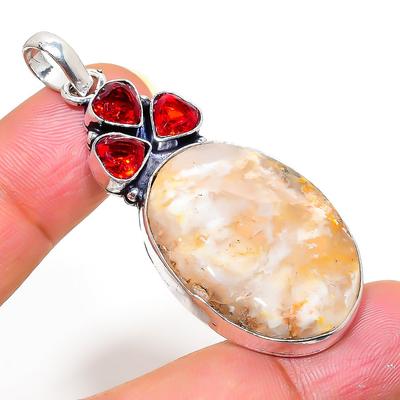 Natural Fossil Coral, Garnet Gemstone 925 Sterling Silver Pendant 2.17" K2S14