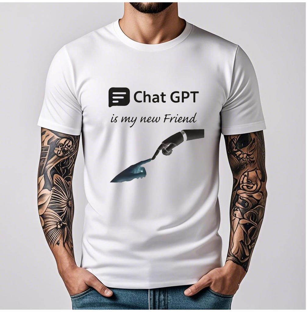 ChatGPT T-Shirt | Human and Robot Friendship Geek Gift Artificial Intelligence Lover Futuristic Techwear AI Men's Cotton T-shirt