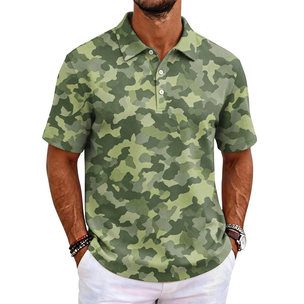 Men's Camouflage Polo Shirt Slim Fit Short Sleeve Business Casual Collar Buttoned Front Breathable Fabric Lightweight Design