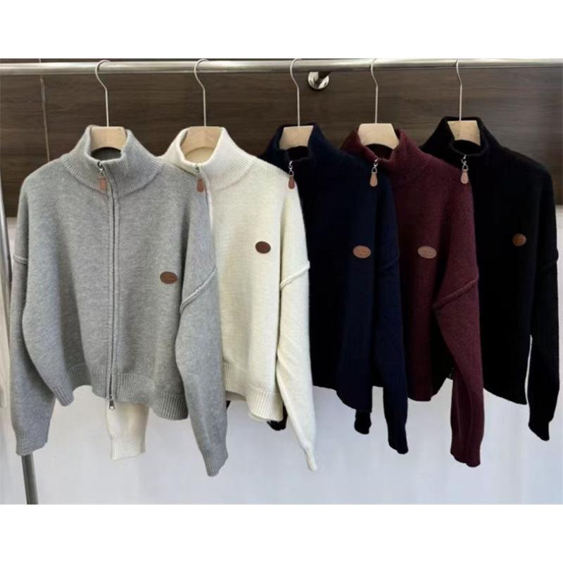 Women's Korean-Style Double Zipper Stand Collar Knit Cardigan - Loose Fit, Casual, Autumn/Winter 2024 Sweater Coat