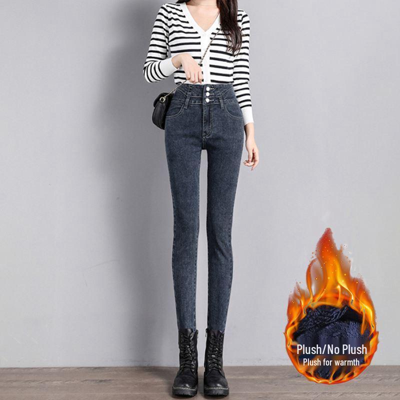 Women's High-Waisted Fleece-Lined Skinny Jeans, Black, Slim-Fit, 2024 Autumn/Winter Collection