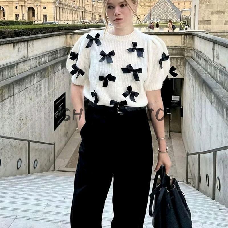 Spring New Women's Clothing Sweet Puff Sleeve Top Casual Easiest for Match Round Neck Bowknot Short Sleeve Knitwear