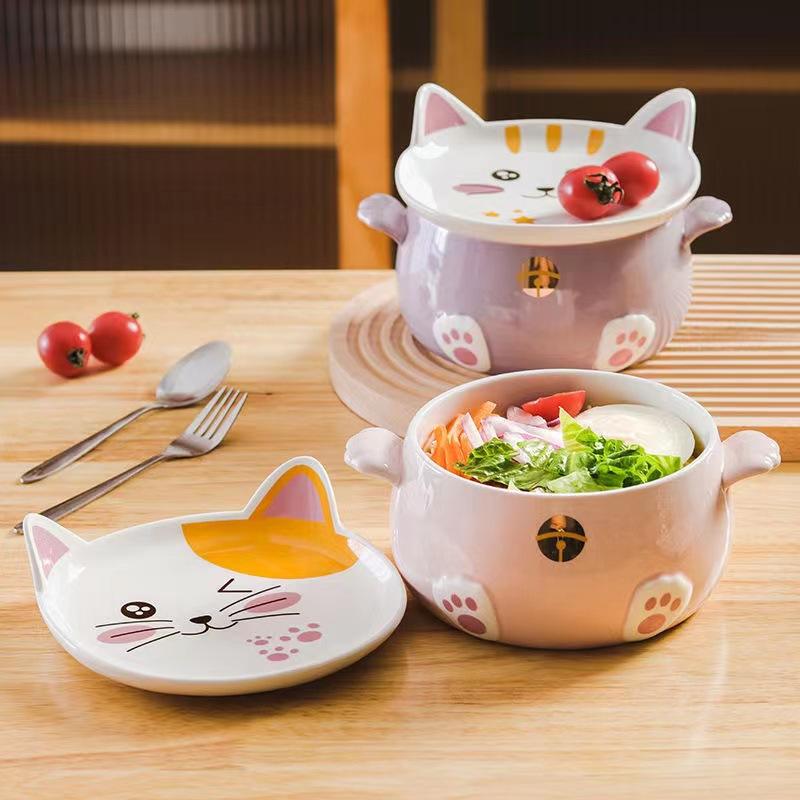 Japanese-style Cute Ceramic Instant Noodle Bowl with Lid Student Dormitory Rice Bowl Soup Bowl Binaural Noodle Bowl Large Tableware Salad Bowl