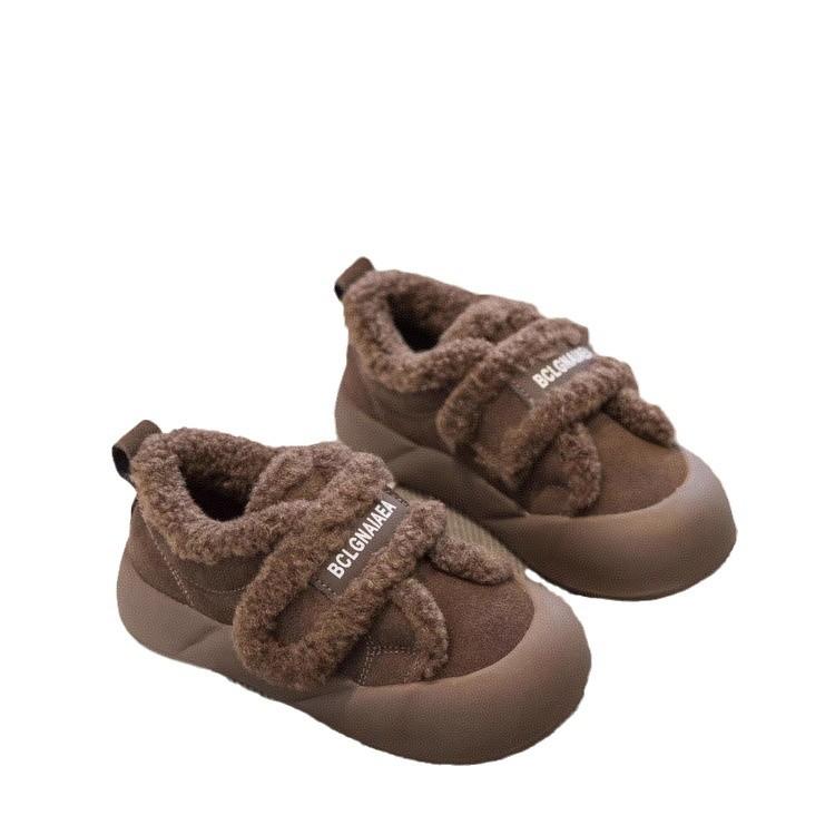 Mokassins mit dicker Sohle im amerikanischen Stil für Kinder, Winter-Fleece-gefütterte neue warme Pelzschuhe für Mädchen für draußen, Schnee-Baumwollschuhe