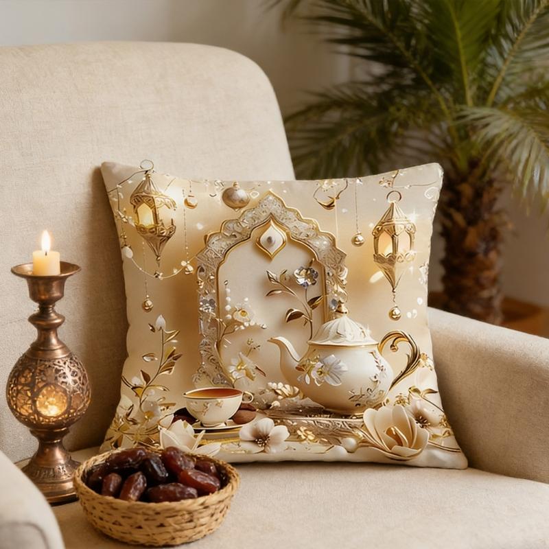 Soft Short Plush Cushion Cover Gold Moon Ethnic Festival Print 45x45cm Standard Size for Home Decoration