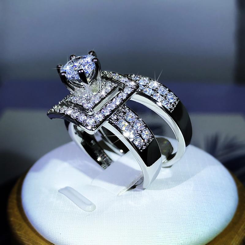 High Quality Six-Claw White Zircon Double Ring 925 Sterling Silver For Ladies Party Wedding Jewelry Gift