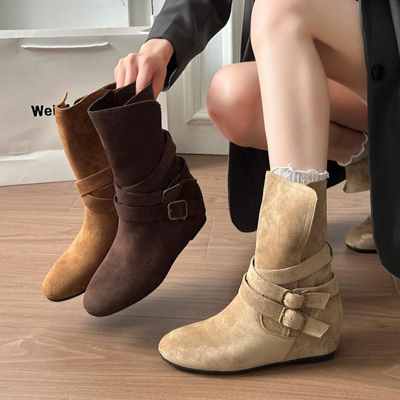 Vintage Suede Two-wear Stacked Short Boots Women's 0000 New Autumn Meradne Heightening Mid-tube Western Cowboy Boots
