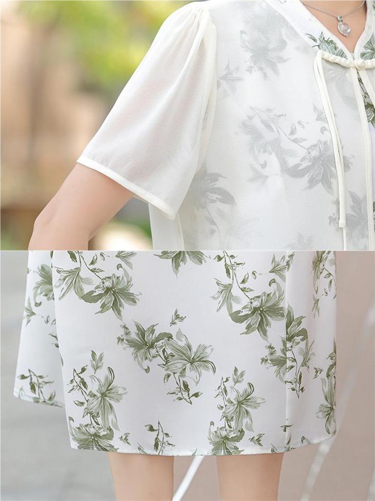 Elegant Loose-Fit Chiffon Dress with Wide-Leg Skirt for Middle-Aged and Elderly Women