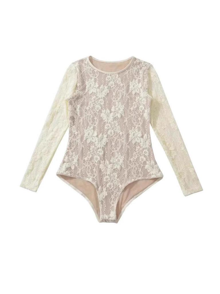 Chic Lace Patchwork Long Sleeve Bodysuit: Women's Mesh Hollow-Out Sexy Top