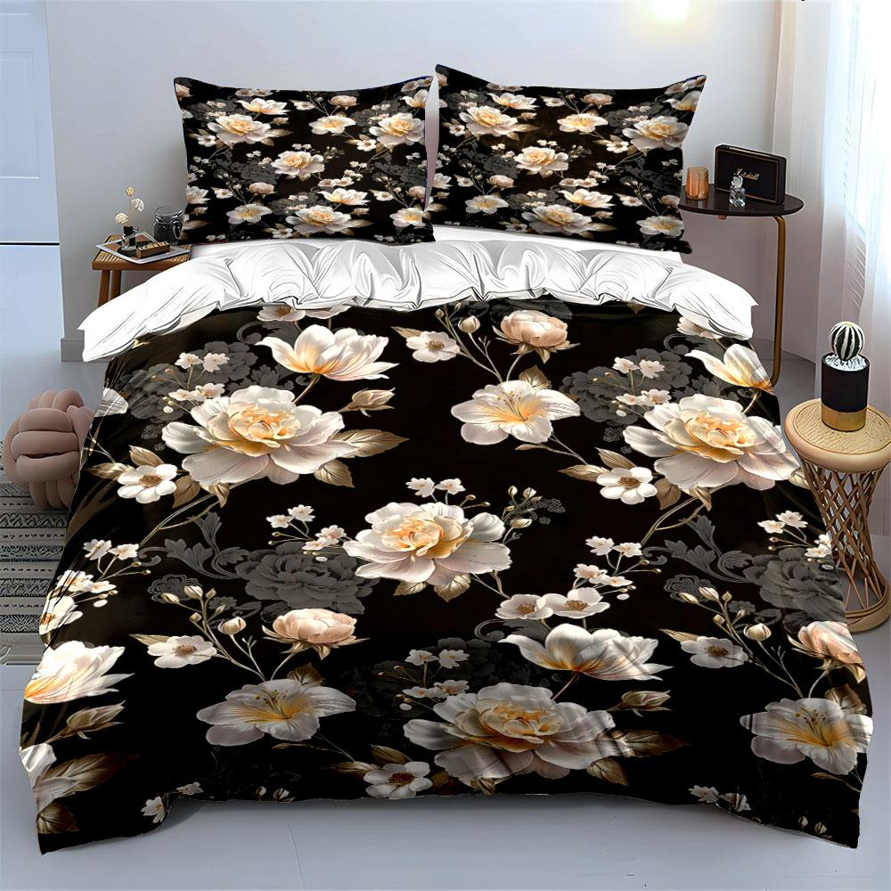 Elegant White Floral Pattern Bedding Duvet Cover Set  (1*Duvet Cover 2*Pillowcases, without duvet insert)