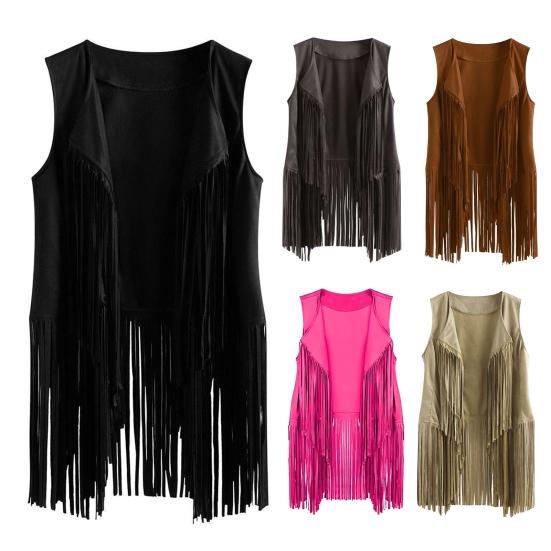 Vestă cu franjuri pentru femei, jachetă retro fără mâneci, ținute western de cowgirl, cardigan cu ciucuri cu față deschisă, îmbrăcăminte exterioară
