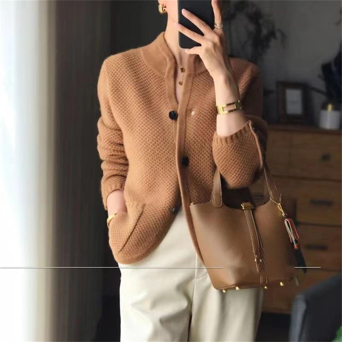 Weft Opstaande Kraag Nieuw Vest Damesmode Losse Trui Jas Enkelrijig Lange Mouwen Elegant Casual Jassen Kantoor One Size kameel