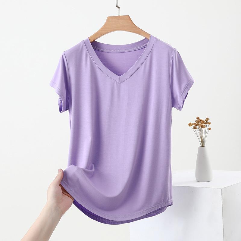 

Женская свободная модальная футболка, летняя однотонная футболка с V-образным вырезом и коротким рукавом для женщин XXL (recommended 140-80kg) лавандовый