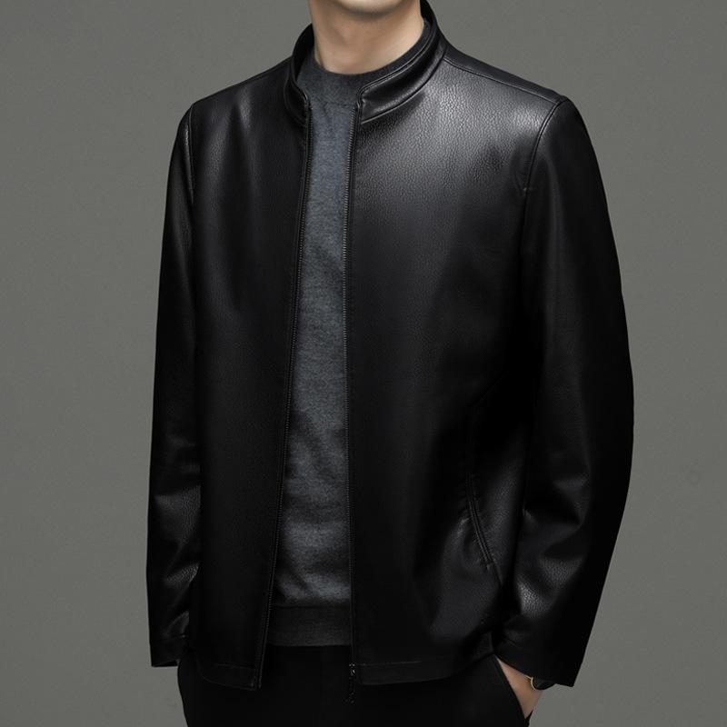 Spring, Autumn and Winter New Men's Leather Jackets, Middle-aged Men's Casual Slim Business Stand-up Collar Sheepskin Jackets Thick Coats
