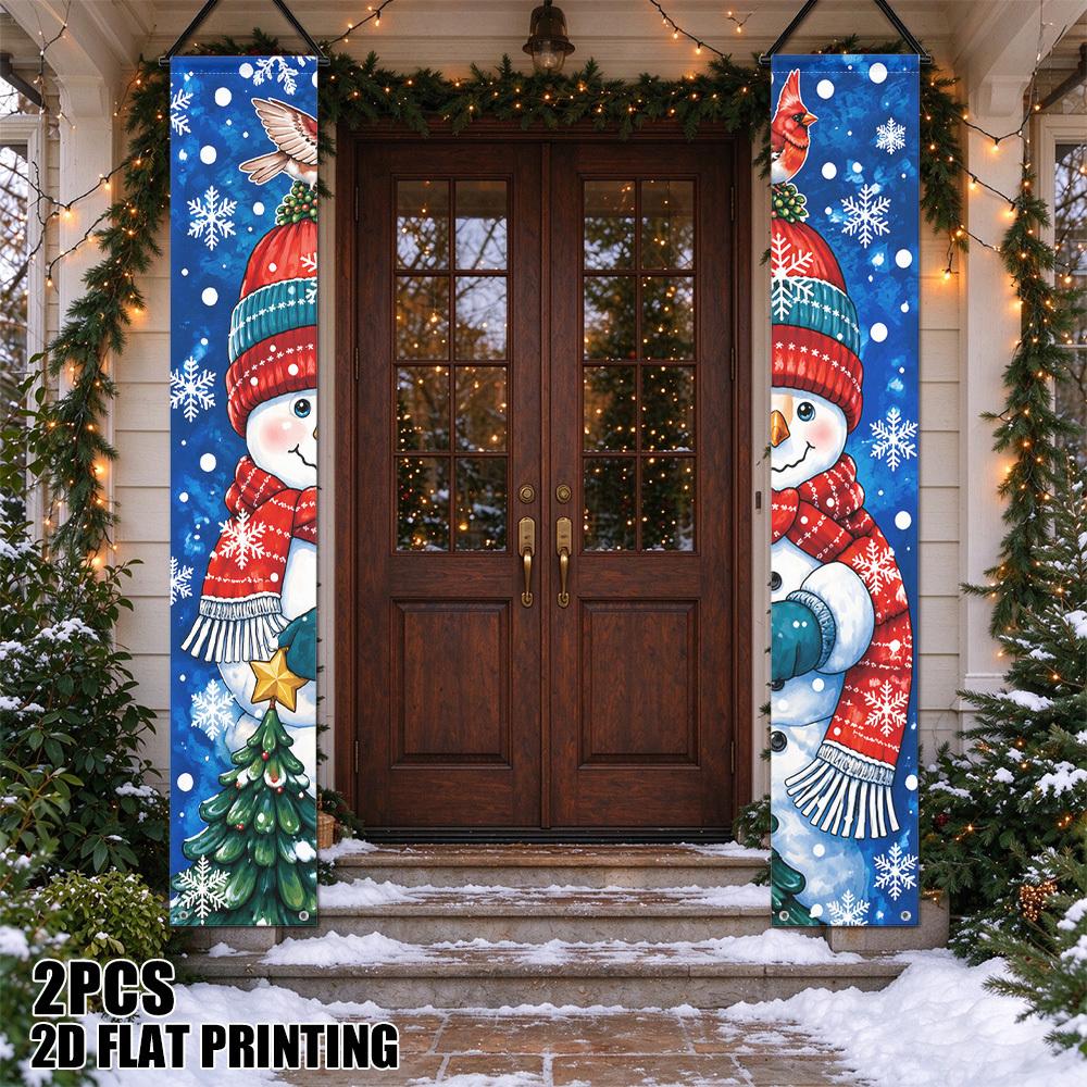 2D Flat, 2D Door Banner, 2pcs 2D Flat Printing Christmas Snowman Cardinal Tree Door Banner with Couplets - Winter Snowman & Cardinal Bird, Suitable fo