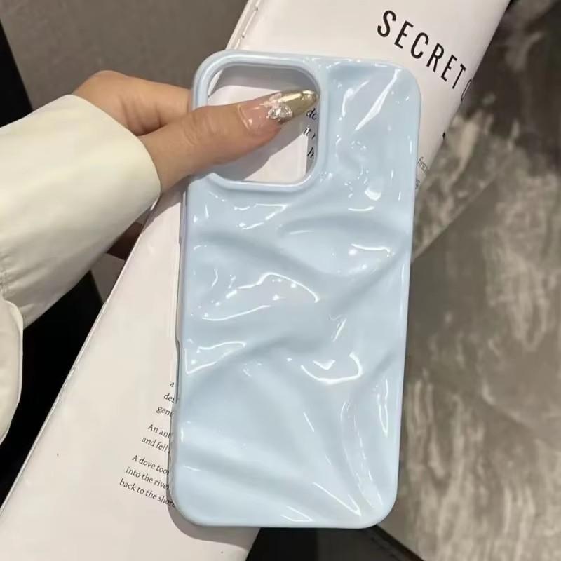 Luxury 3D Wrinkle Case For iPhone 16 15 14 17 Pro Max 12 11 13 Candy Solid Color Wave Pattern Soft Silicone Aestndy Back Cover