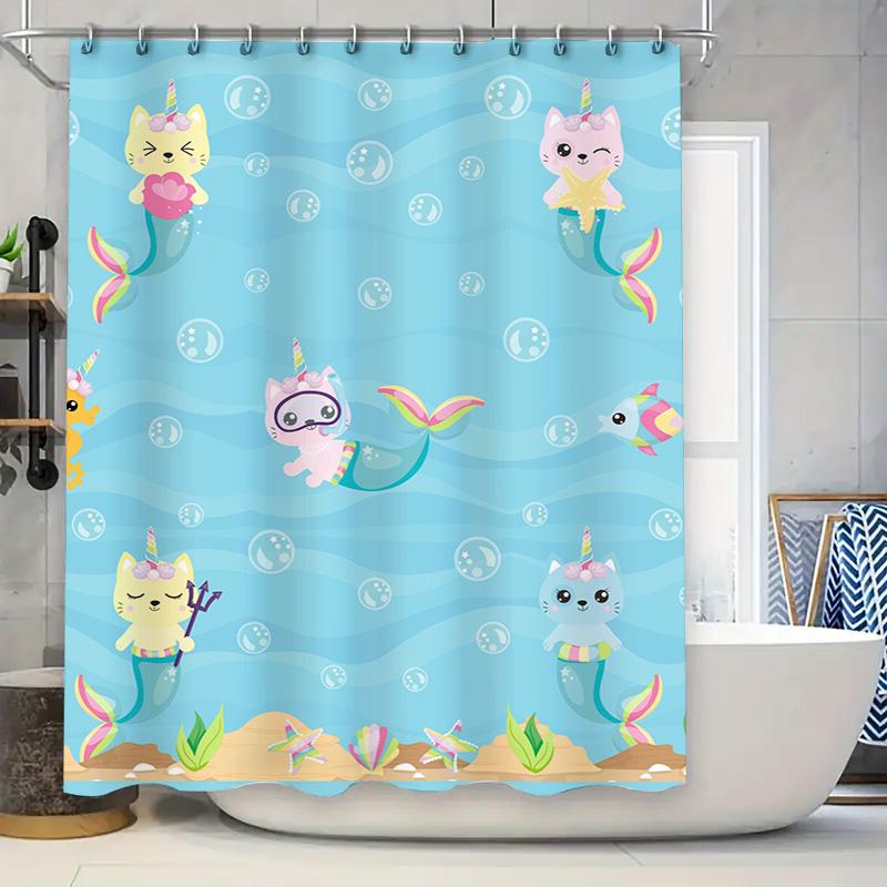 

Синяя шторка для душа «Русалка» с принтом «Единорог-кот» для декора детской ванной комнаты, милый дизайн с морской жизнью и пузырями, тканевый набор с ковриком для ванной (180x 90x180cm