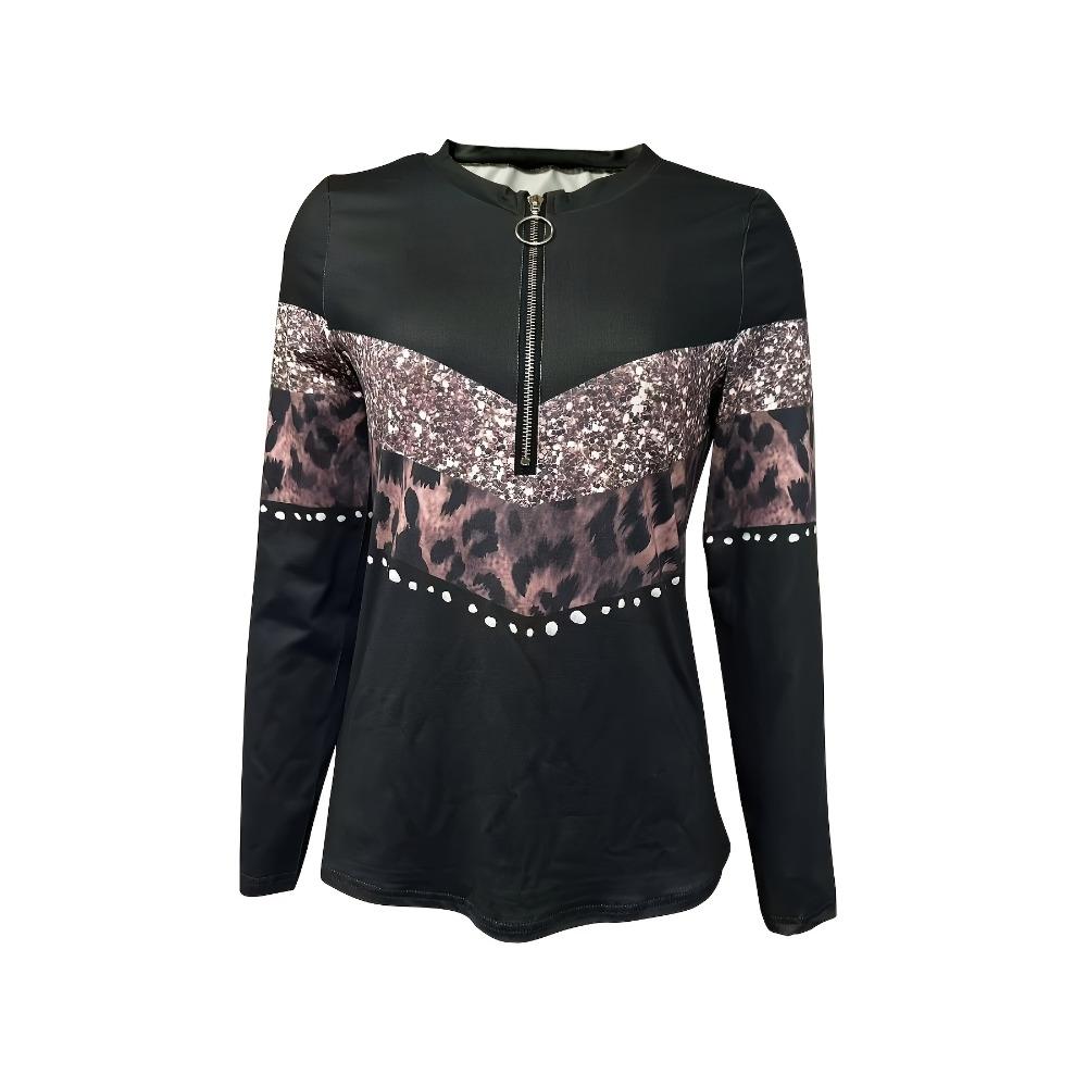 Women's Elegant Long Sleeve Shirt | Half Zipper Front, Perspective Proof, Geometric Printing