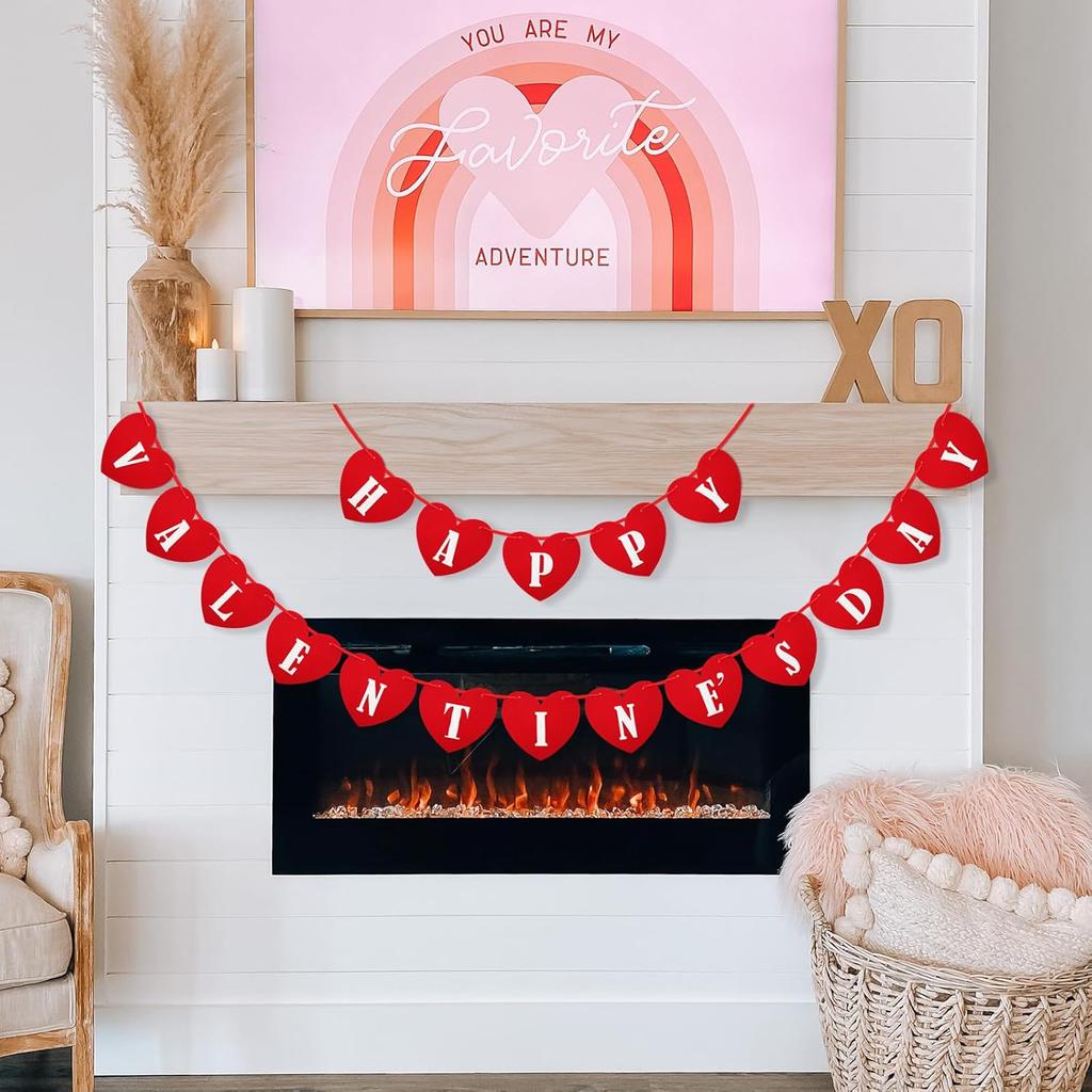 Happy Valentines Day Felt Banner No DIY Valentines Day Banner Pre-Strung Valentine's Day Felt Heart Garland for Valentine's Day Decorations