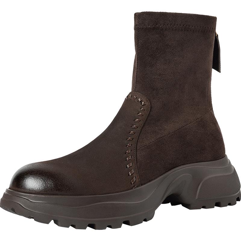 Fashion 2025 New Autumn Motorcycle Women Boots Women Shoes Round Toe Chunky Heel Modern Platform Stretch Short Boots Ladies Shoes