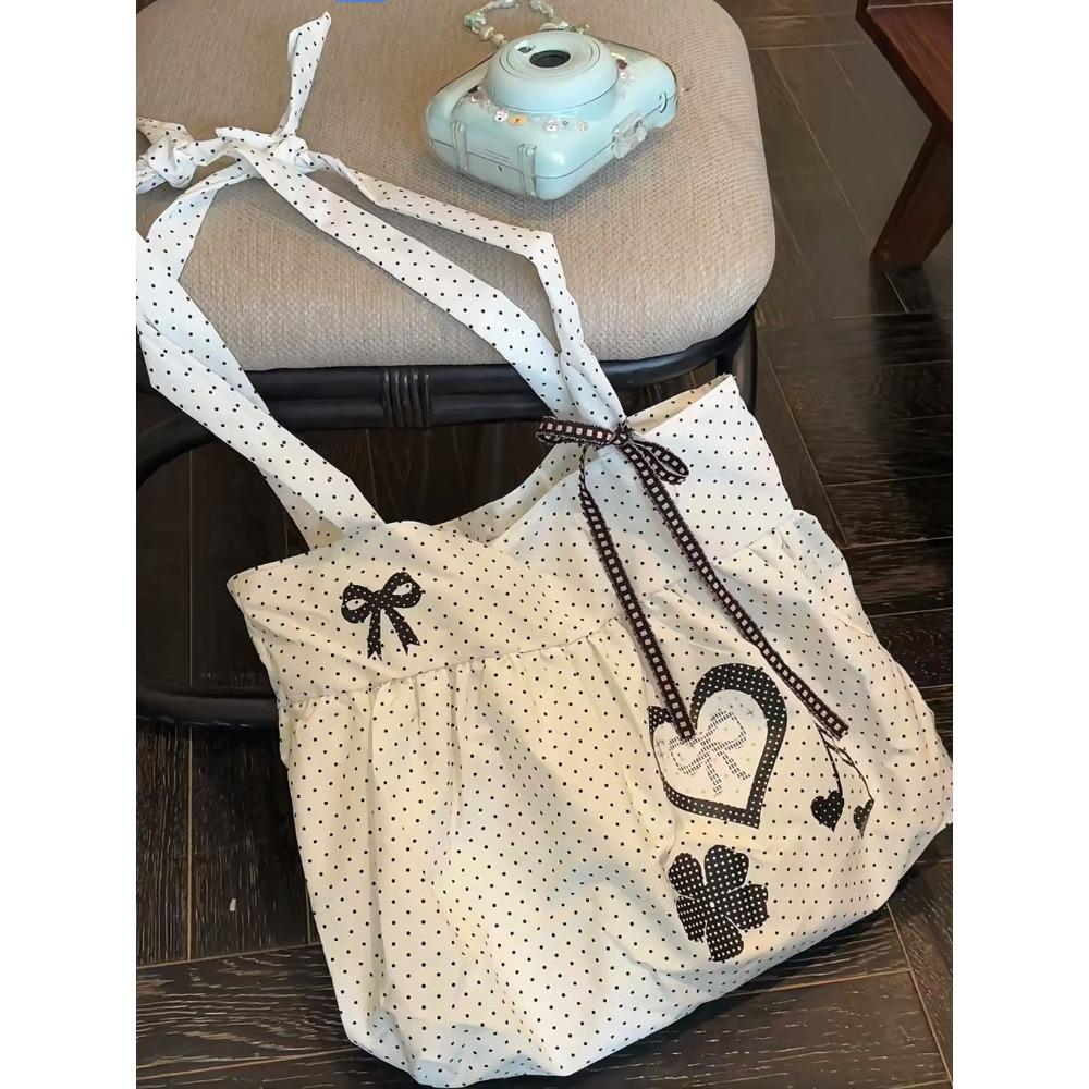 Korean polka dot tote bag cute bow love retro music note shoulder bag large capacity cotton travel out