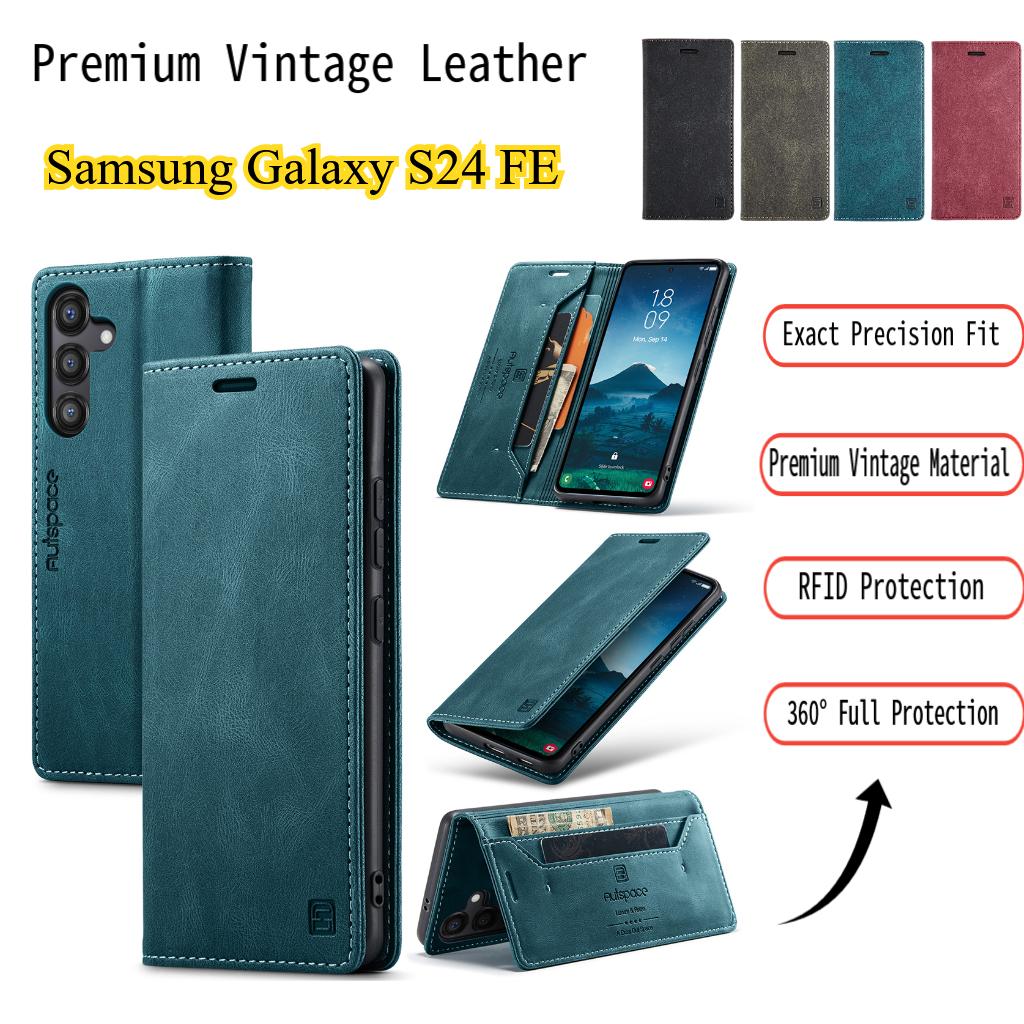 Premium Vintage Leather Wallet Case for Samsung Galaxy S24 FE - Flip Cover with Card Slots, Shockproof Retro Style (4 Colors)