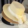New Lace Bow Pearl Straw Hat Women's Summer Sun Hat Seaside Sun Protection Beach Hat Flat Top Hat