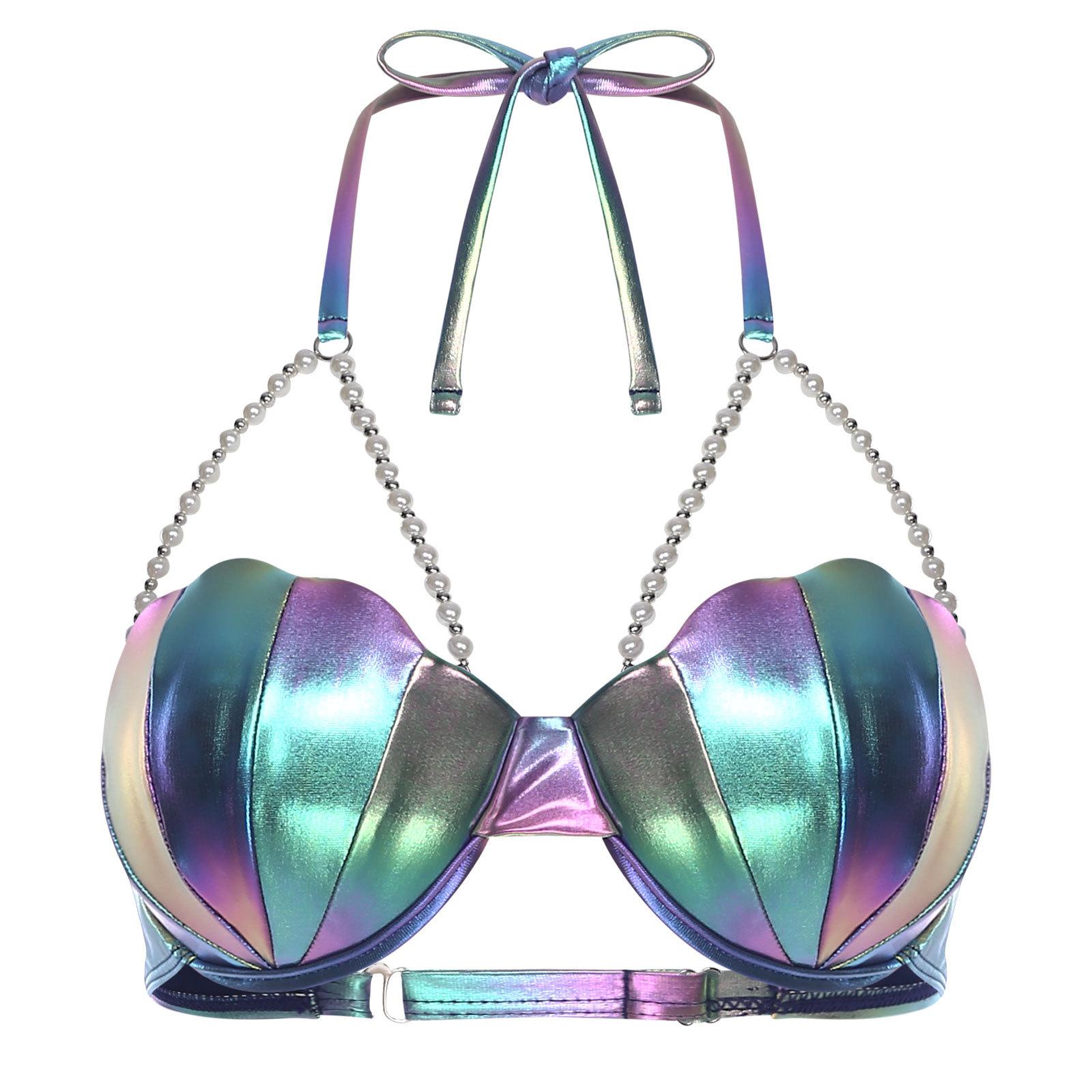 

Womens Bikini Bra Top Halter Neck Pearl Chains Glitter Shell Shape Slight Padded Mermaid Swim Top XXL синій