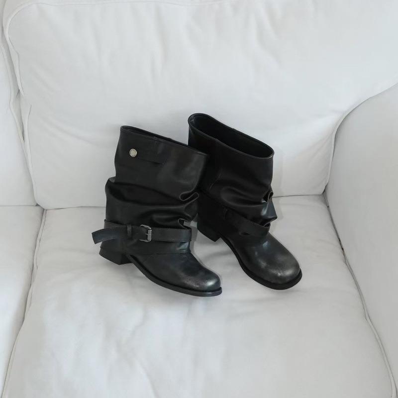 Western Cowboy Boots Women's Pleated Pile Boots Black Round Head Vintage Leather Boots Thick Heel Knight Boots