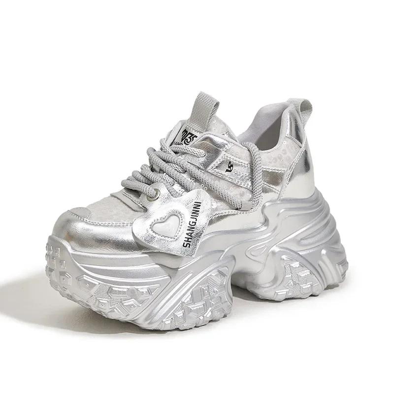 

Fashion High quality 10cm new Synthetic Genuine Leather Spring Women Comfy Vulcanize High Brand Autumn Boots Bling Chunky Sneakers Shoes 34 серебряный