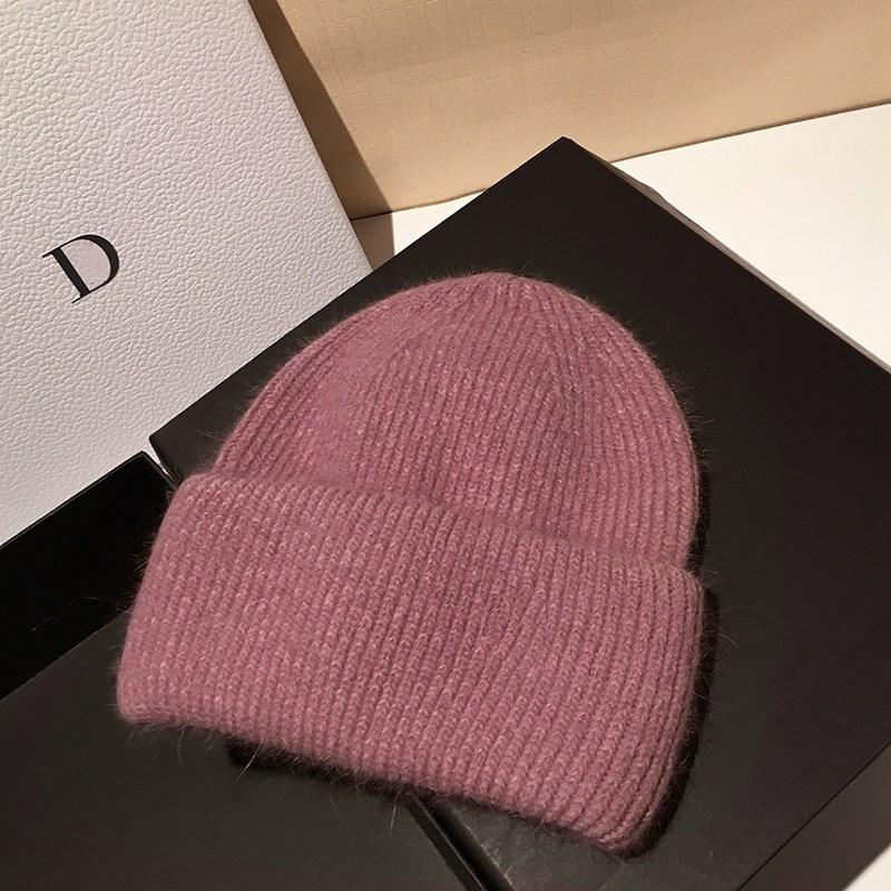 Soft Sticky Rabbit Fur Knitted Woolen Hat for Women In Winter Solid Color Warm Cover Head Showing Small Face Hats & Caps (women’s)