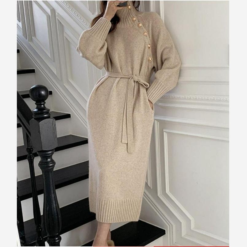 Podzimní a zimní dlouhý temperament, design lehké luxusní, sukně, svetr nad kolena, univerzální pletené šaty