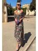 2026 European & American V-Neck Mesh Dress - Elegant Mid-length Skirt with Printed Design