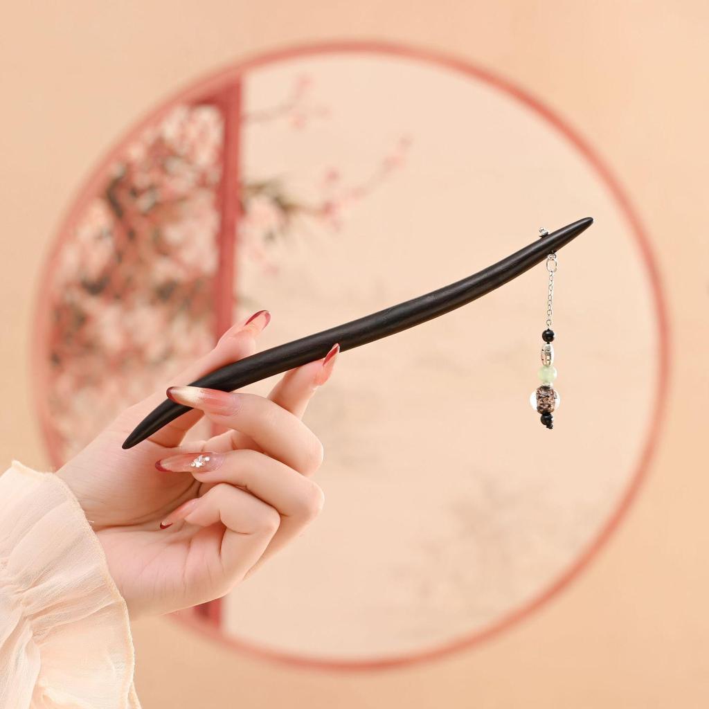 Ancient Style Black Sandalwood Tassel Hairpin for Qipao & Hanfu