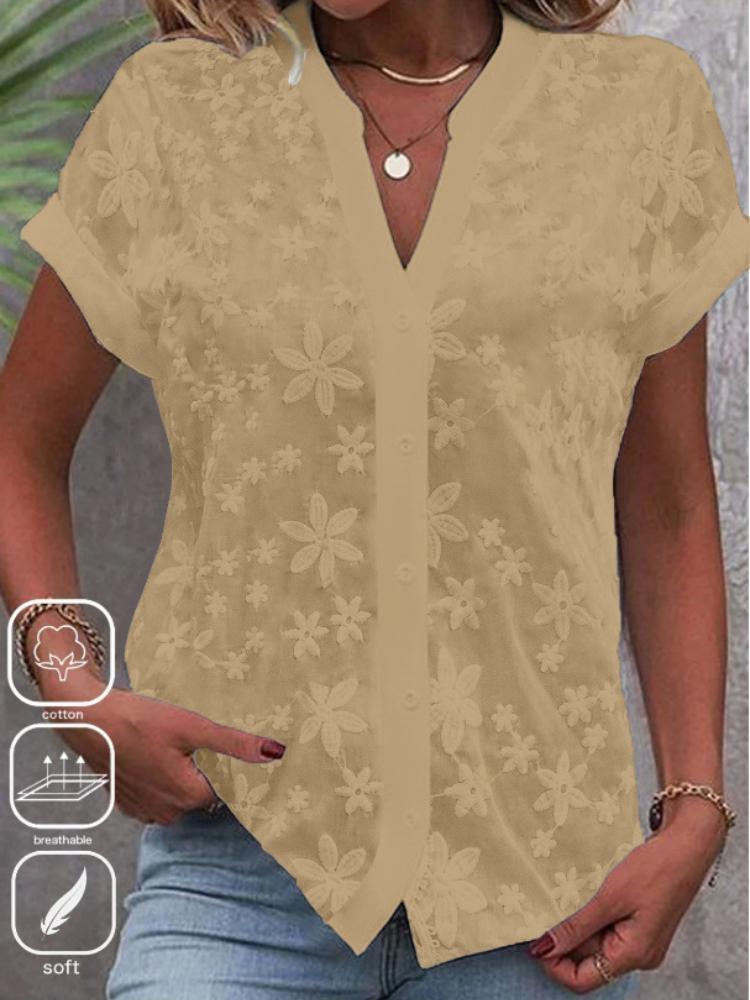 

Women s Short Sleeve V-Neck Blouse with Floral Embroidery, Button Front Casual Top in White, Black, Blue, and Beige XXL хакі