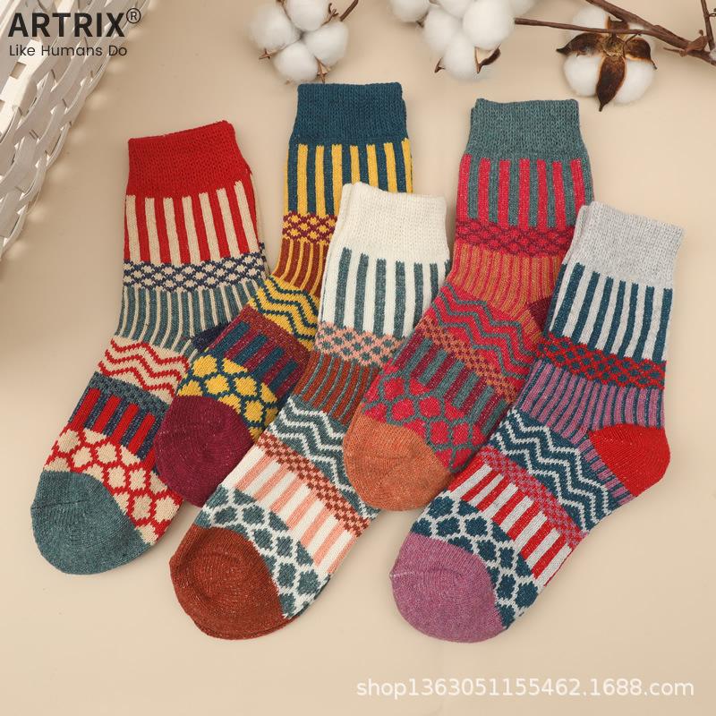 5 Pairs of Wool Socks, Double Thick Needle Socks, Cross Flower Women's Socks, Mid Tube Socks, Woolen Socks, Warm and Thick