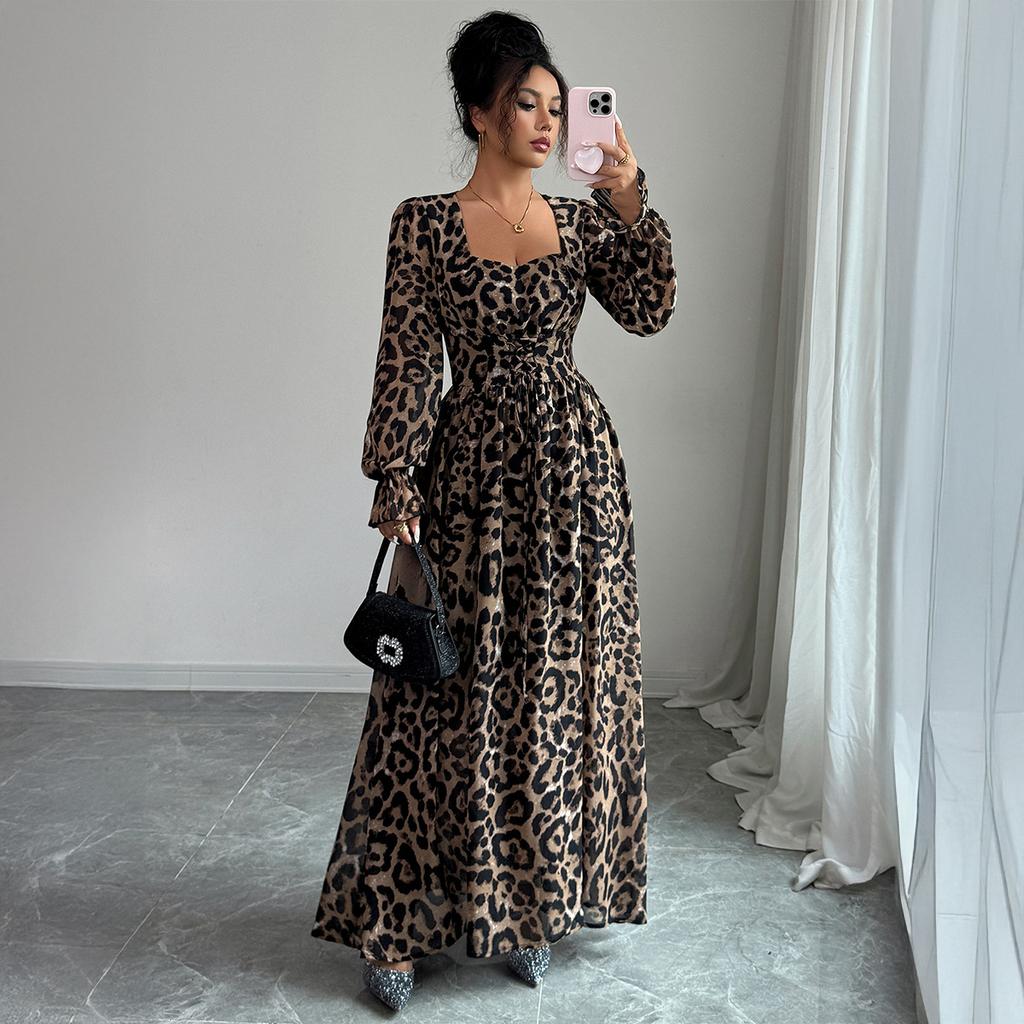 Cross-border European and American elegant leopard print long sleeve and long skirt dress women's wear Autumn/Winter independent site