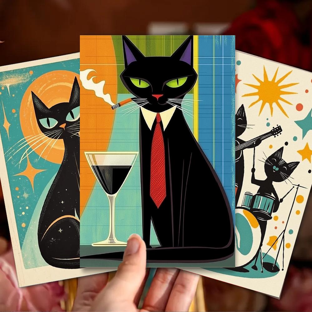 32pcs, Abstract Geometric Black Cat Postcard, Birthday/Anniversary Gift, Collectible, Suitable for Gift Giving, Can Be Mailed.