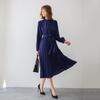 Korean Chic Stand Collar Belted Waist Pleated Maxi Dress Elegant Solid Color Long Sleeve Women Dress