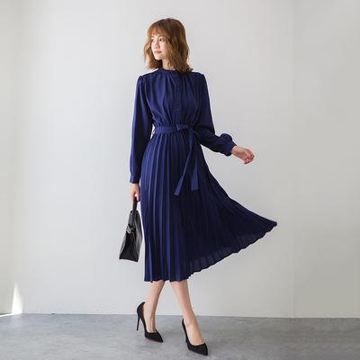 Korean Chic Stand Collar Belted Waist Pleated Maxi Dress Elegant Solid Color Long Sleeve Women Dress