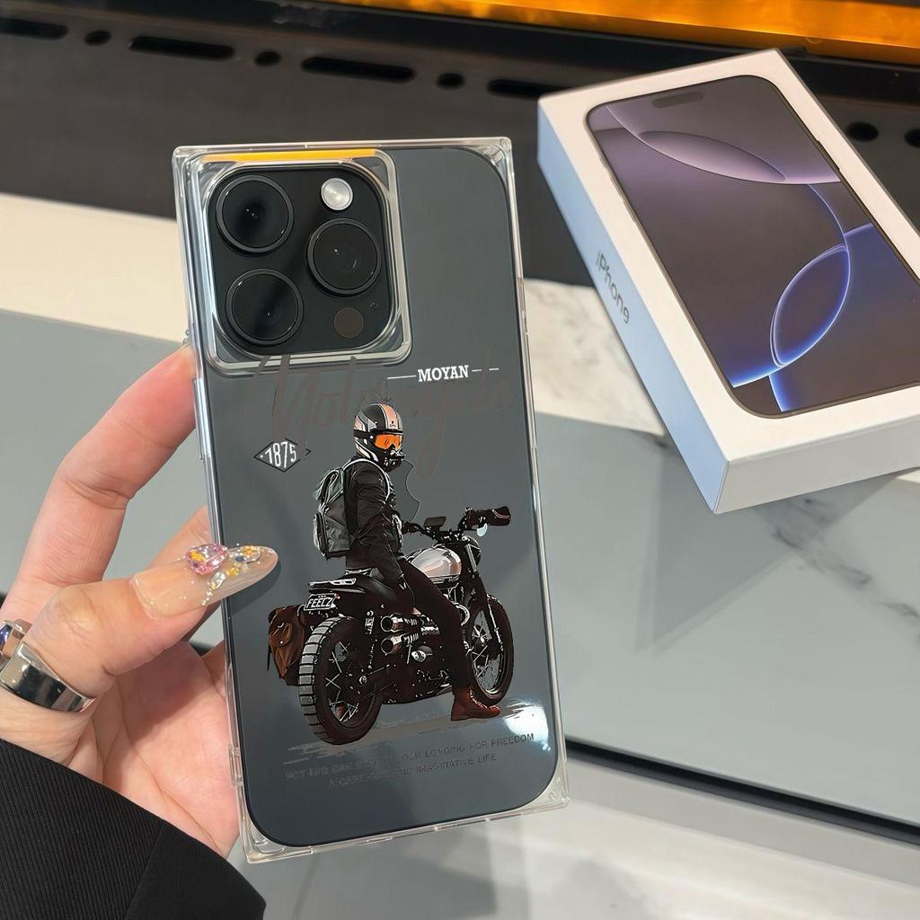 Transparent Square Back Tube Case Casing Protection For iPhone 12 11 16 ProMax 15 Plus 13 14 Pro Max Anti-Oxygen,Motorcycle Man Pattern
