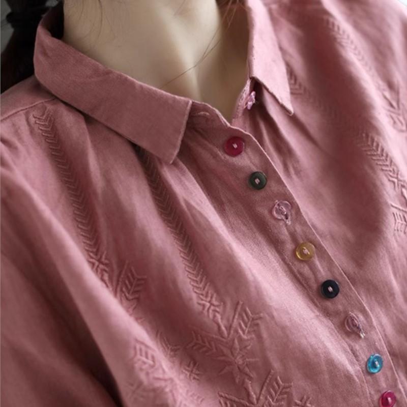 Johnature Women Embroidery Floral Shirts Solid Color Turn-down Collar Long Sleeve Blouses Spring Button Shirts