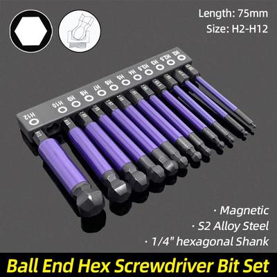 Ball End Hex Screwdriver Bits Set Magnetic H2-H12 1/4" Hexagon Head Allen Wrench S2 Metric Drill Bit Ratchet Wrench Hand Tools
