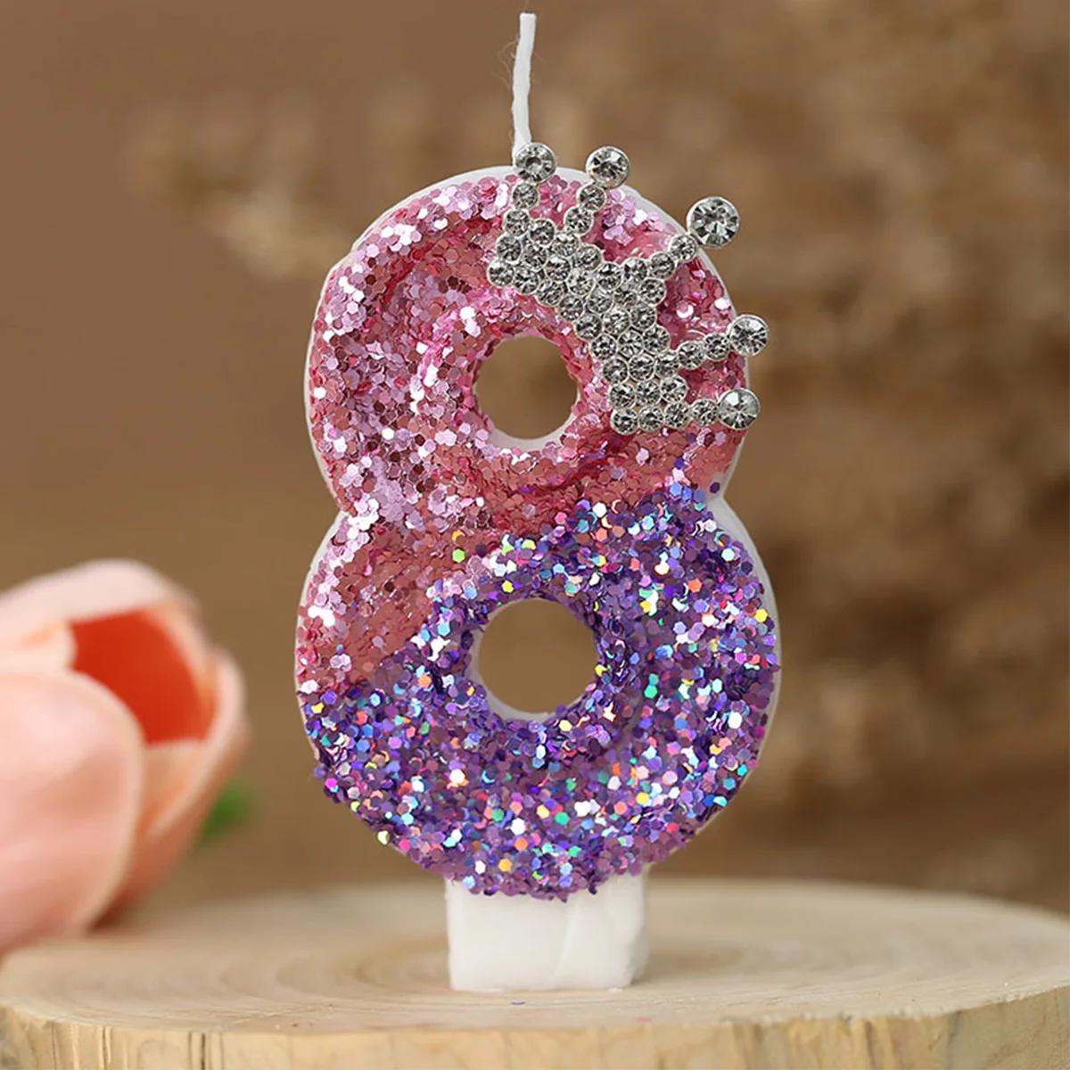 Birthday Number Candles,Purple Pink Crown Birthday Candles for Cake,Glitter Candle Cake Topper with Sequins for Party Supplies