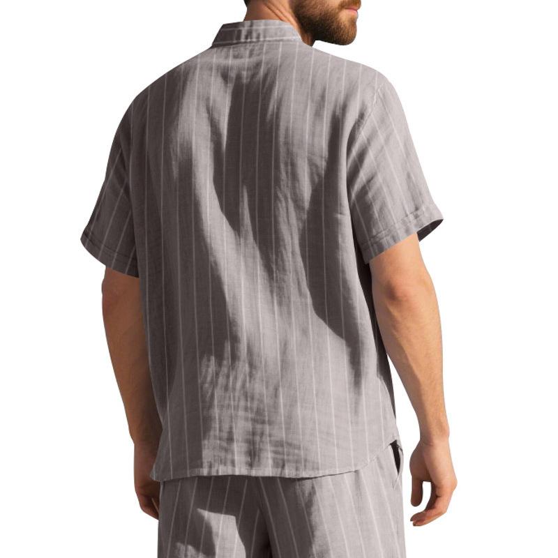 Linen Jacquard Shirt with Vertical Stripes Men's Collared Button-Down Loose-Fitting, Breathable Casual Short-Sleeved Shirt
