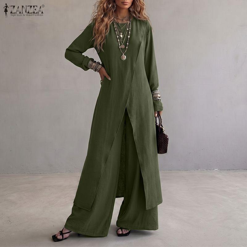 ZANZEA Women Slit Hem Long Blouse with Long Pants Elegant Casual Long Sleeve Two Piece Suit Sets