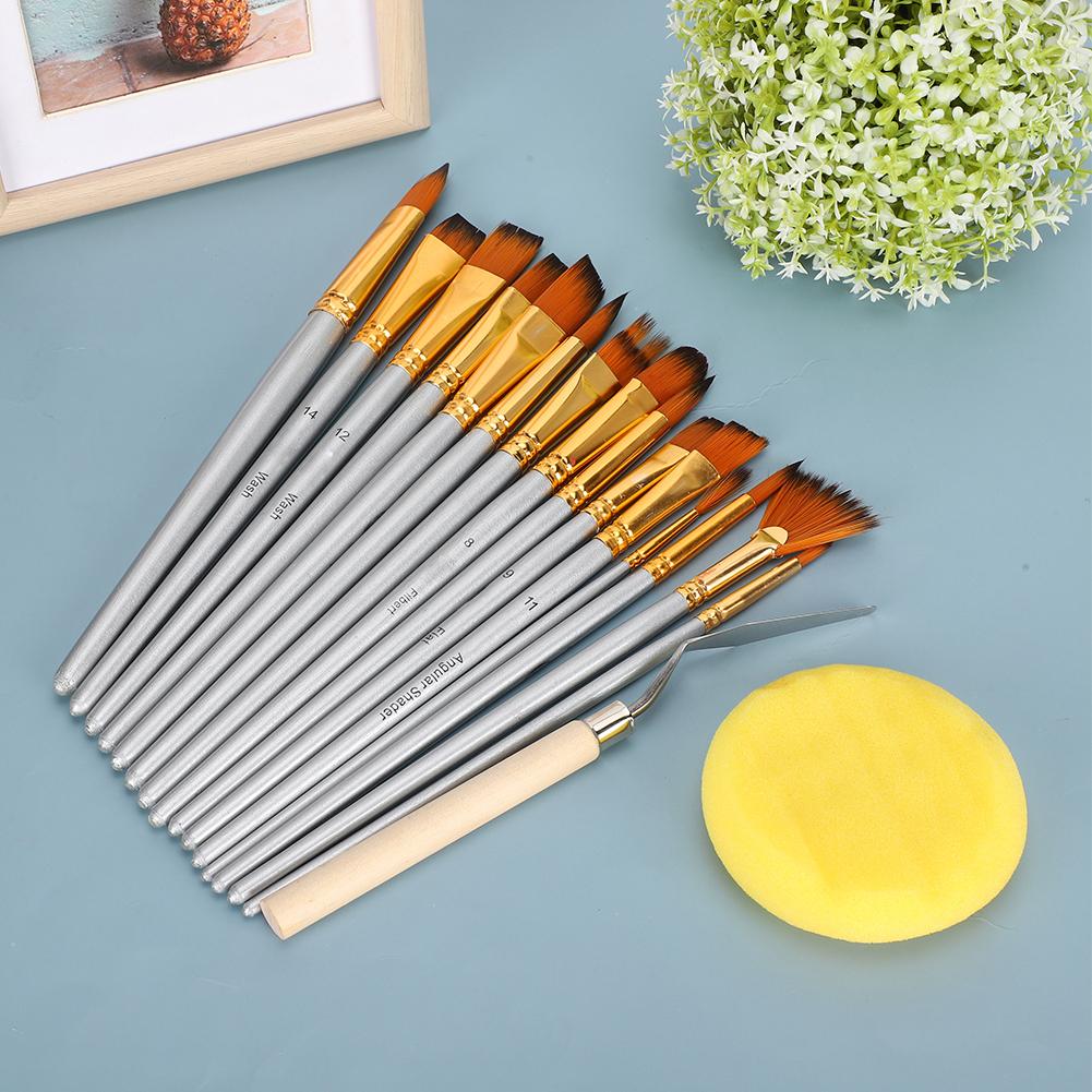 17Pcs Painting Brush Set Acrylic Professional Silver Round Rod Nylon Wool Art
